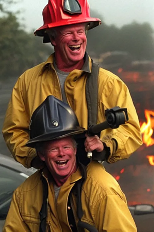 Prompt: kevin tighe wearing a fireman helmet, in a fire laughing