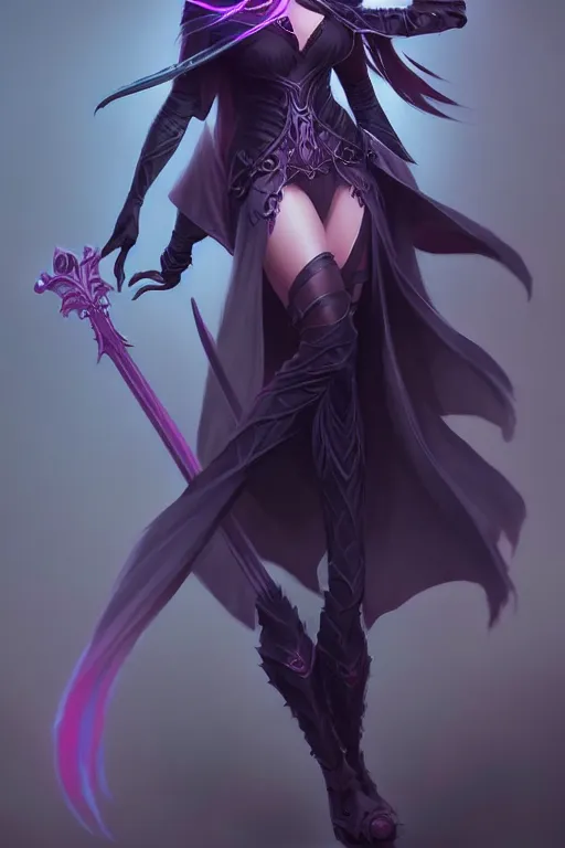 Prompt: Full body character concept art of a female Drow necromancer, scythe, pretty face, long dark hair, by Stanley Artgerm Lau, WLOP, Rossdraws, James Jean, Andrei Riabovitchev, Marc Simonetti, and Sakimichan, tranding on artstation