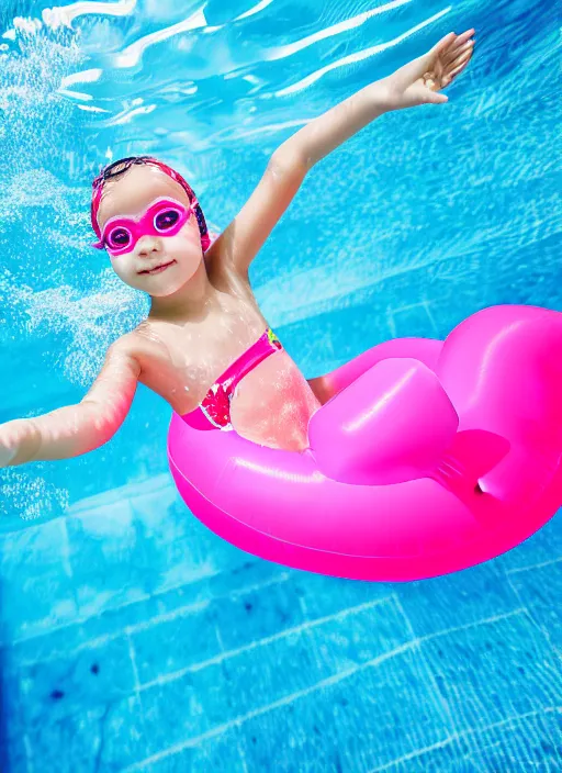 Image similar to photo of a young girl in a swimming pool with an inflatable flamingo, photo realistic, s, 8 k high definition, intricate, elegant