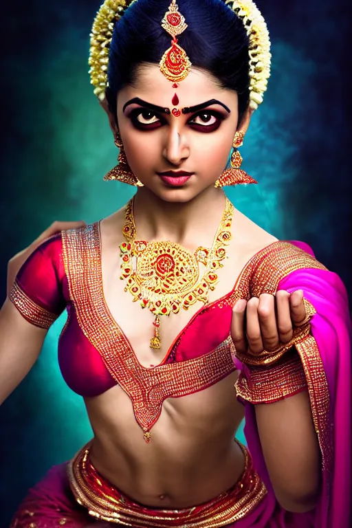 Prompt: a stunning indian classical dancer portrait photo, retouched, soft lighting, realistic, catchlight on the eyes!, smooth face, perfection, sharp focus, 8 k, ultra detailed, elegant art by natalie shau, tom bagshaw, artgerm and grek rutkowski, 8 5 mm lens