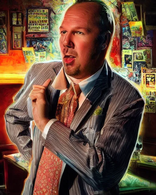 Prompt: doug stanhope in a strip club after eating 3 mg of lsd dof hdr art by aleksi briclot and alexander'hollllow'fedosav and laura zalenga