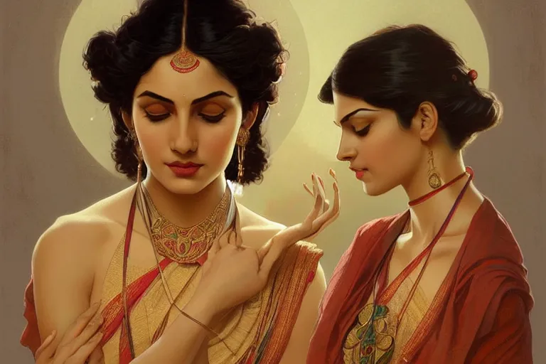 Image similar to sensual pale beautiful indian doctor, art deco portrait, elegant, intricate, digital painting, artstation, concept art, smooth, sharp focus, illustration, art by artgerm and greg rutkowski and alphonse mucha