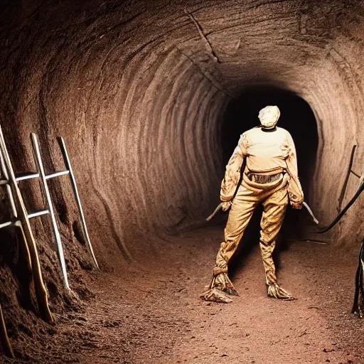 Image similar to cinematic photo of humans wearing realistic ant costumes in an underground dirt tunnel. several tunnel exits lead off in different directions.