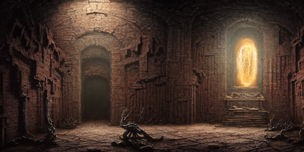 Prompt: a cosmic horror monster inside of a medieval brick castle, matte oil painting, concept art, lovecraftian, extremely detailed, trauma, cinematic, award - winning, 4 k, 8 k