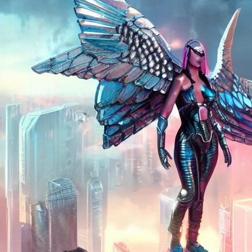 Prompt: cyberpunk valkyrie with pink metal wings, cityscape below, flying, high detail, sharp focus, silver cyber armor, rt by artgerm and greg rutkowski,