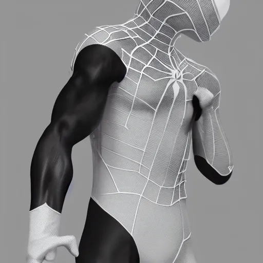 Image similar to black spider - man suit with white web lining, cinematic, volumetric lighting, realistic, hyperdetailed, photorealistic, photograph