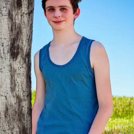 Image similar to Portrait of a 21 yo boy with natural brown hair, smooth pale skin. A Fischer net tank top. Blue sky.