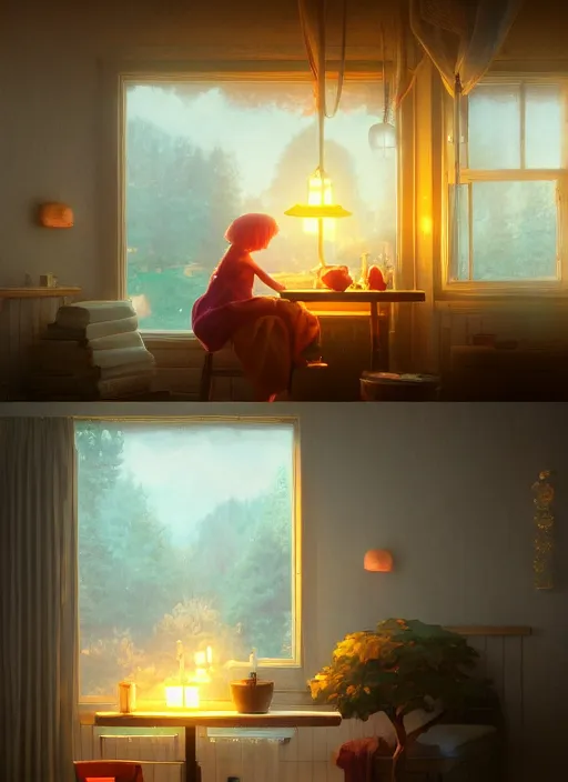 Image similar to beautiful interior of a cozy cottage, delphin enjolras, goro fujita, makoto shinkai, volumetric lighting, exquisite lighting, octane render, trending on artstation