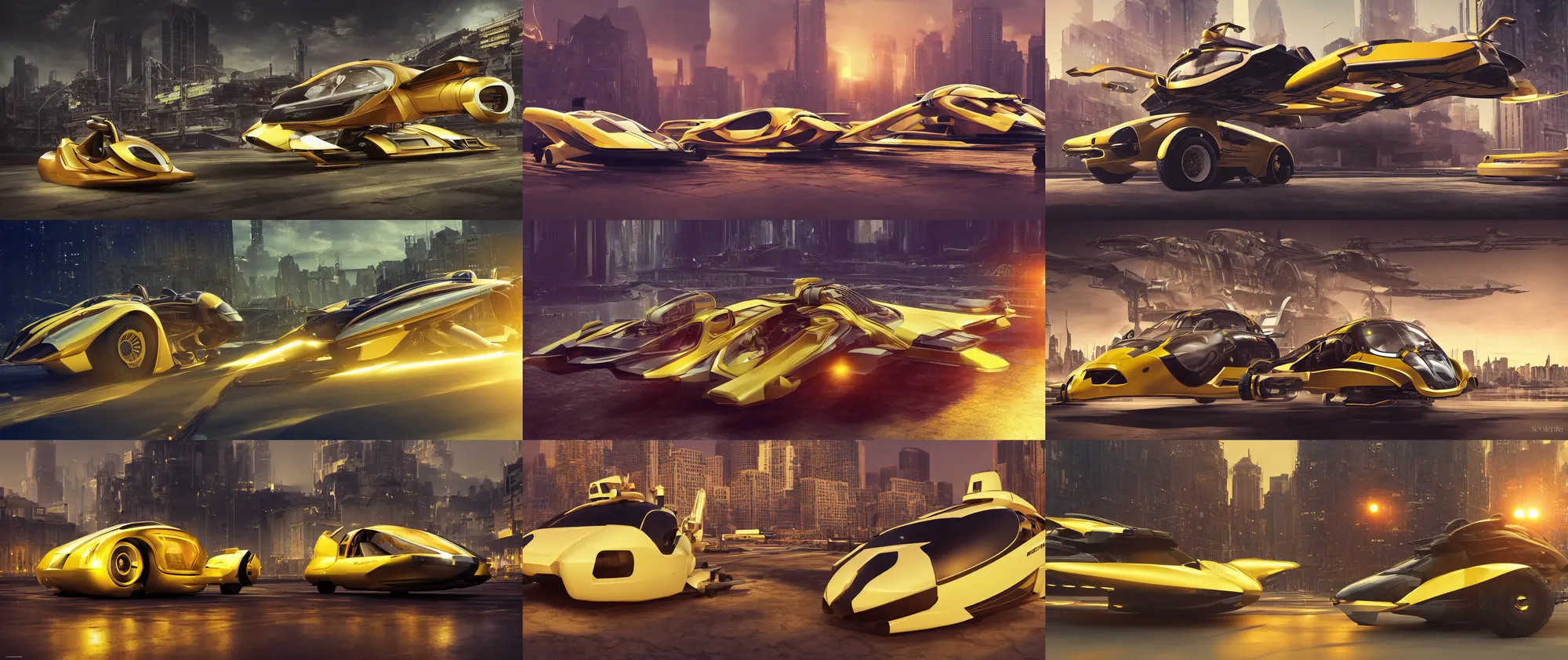 Image similar to Personal hovercraft vehicle designed by Syd Mead, hypermaximalistic, high details, cinematic, 8k resolution, beautifully detailed, insanely intricate details, artstation trending, octane render, hard surface model, warm yellow lights, golden hour, city background in silhouette,