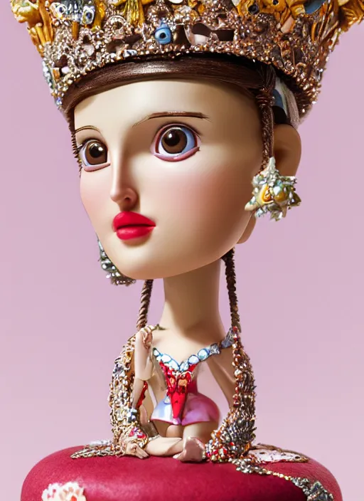 Prompt: closeup face profile portrait of tin toy natalie portman as a blonde fairytale princess wearing a crown eating cakes, bikini, depth of field, zeiss lens, detailed, symmetrical, centered, fashion photoshoot, by nicoletta ceccoli, mark ryden, lostfish, breathtaking, 8 k resolution, extremely detailed, beautiful, establishing shot, artistic, hyperrealistic, octane render