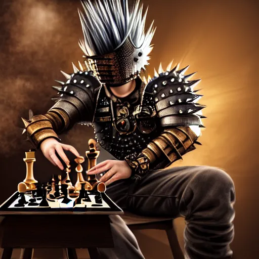 Image similar to man with spiky hair, wearing very complex steampunk armor, playing chess, photorealistic, hyperrealism, high resolution