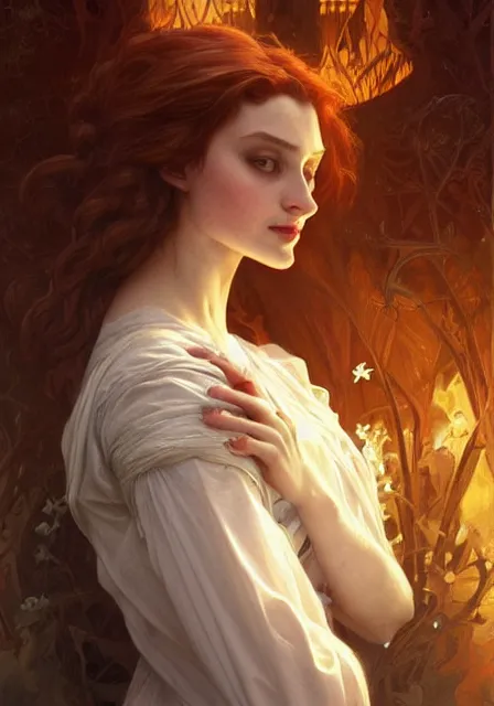 Image similar to sansa witch, intricate, elegant, highly detailed, digital painting, artstation, concept art, smooth, sharp focus, illustration, art by artgerm and greg rutkowski and alphonse mucha and william - adolphe bouguereau