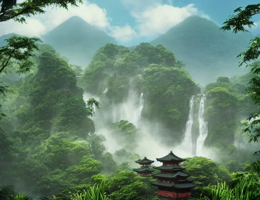 Prompt: a cinematic widescreen photo of epic ancient japanese temples with hot springs on the top of a mountain in a misty bamboo cloud forest with colossal waterfalls at dawn by lee madgewick and studio ghibli and roger dean