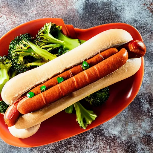 Prompt: photo shoot portrait of a delicious hot dog with whole sardines, broccoli, ketchu and mustard, detailed, uhd, 8k,