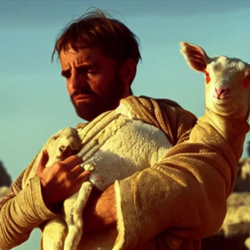 Image similar to cinematic still of man in ancient Canaanite clothing cradling a lamb, sad, anguished, somber, serious, directed by Terrence Malick