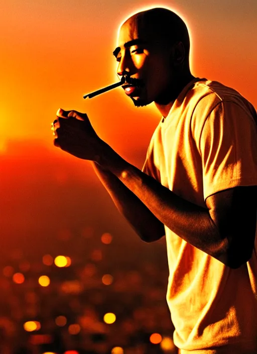 Prompt: 2Pac Happily smoking, Los Angeles city background, sunset, beautiful photograph, portrait