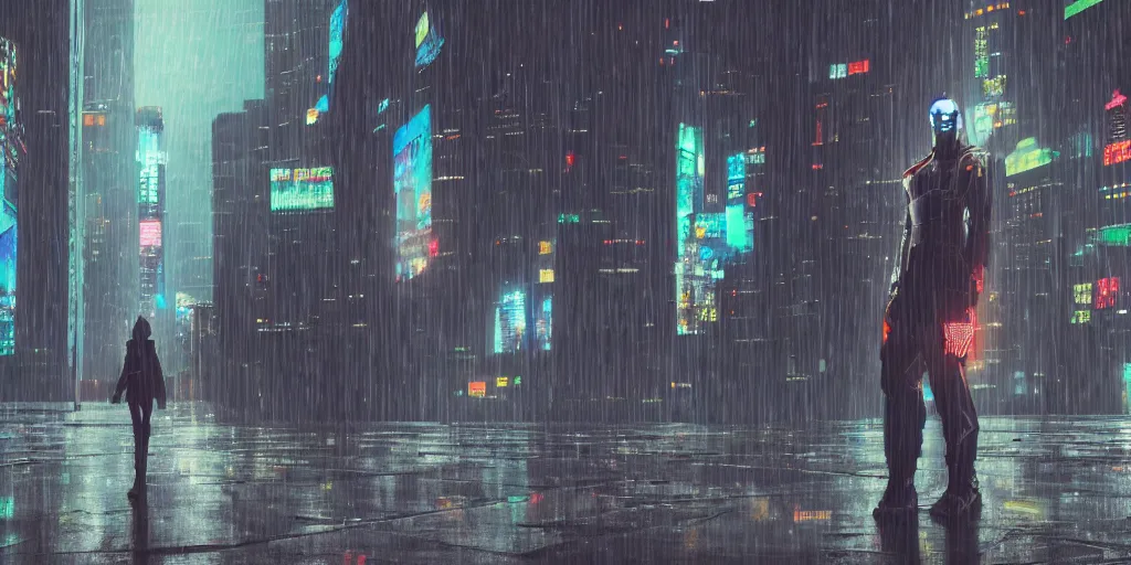 Image similar to cyberpunk statue, rain, space