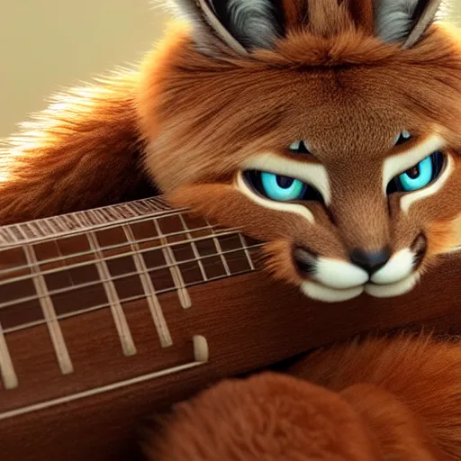 Image similar to cute fluffy caracal playing guitar, fully detailed, high quality , 4k , octane render , soft light , masterpiece