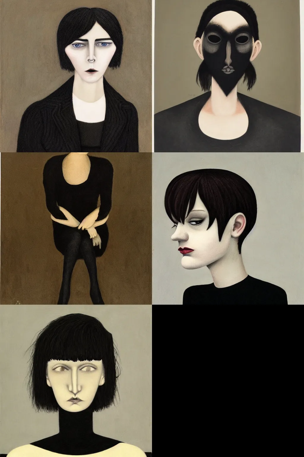 Prompt: an emo portrait by gertrude abercrombie. her hair is dark brown and cut into a short, messy pixie cut. she has a slightly rounded face, with a pointed chin, large entirely - black eyes, and a small nose. she is wearing a black tank top, a black leather jacket, a black knee - length skirt, a black choker, and black leather boots.