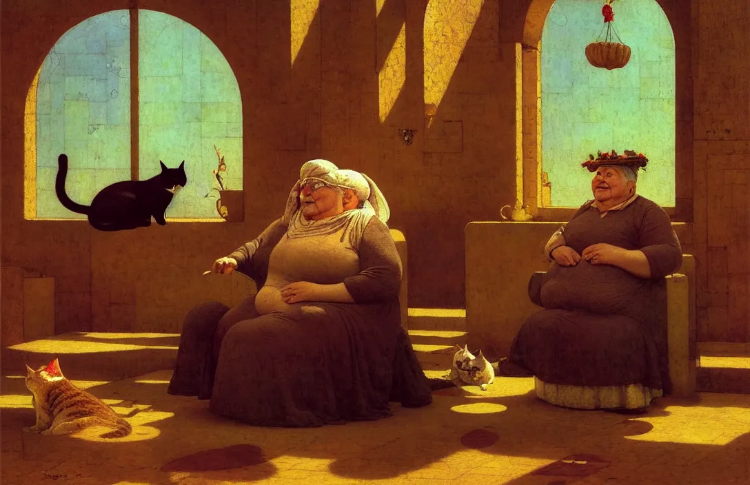 Image similar to a sweet fat old happy woman with a cat on her head. an artistic and poetic scene. jean - leon gerome, orientalism, academicism, angel, beautiful, highly detailed, color harmony, octane render, ornate, paul klee, flowers, window, zbrush, realism, darkness, alchemical, style of moebius