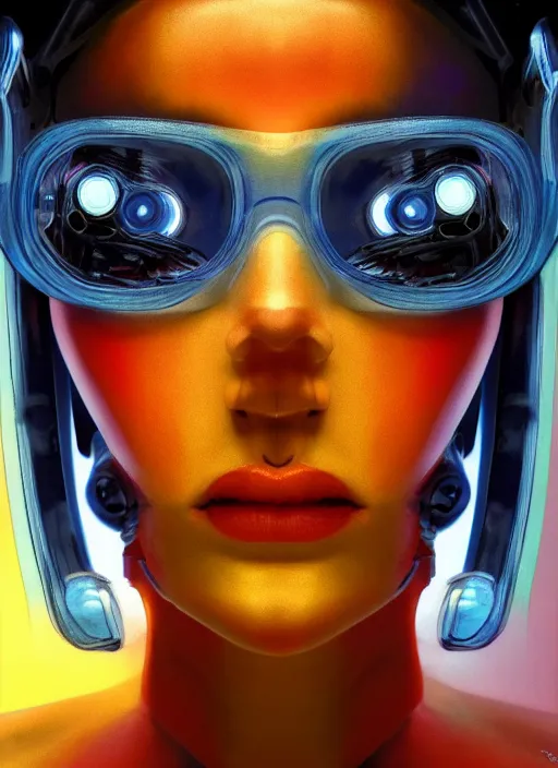 Prompt: ( symmetry ) closeup portrait of a stunning artificial cyborg female scientist, blue glasses, strong cinematic light, backlight glow, red yellow, viscous smoke, vapour, mist, by gerald brom, by mikhail vrubel, by peter elson, muted colors, extreme detail, trending on artstation, 8 k