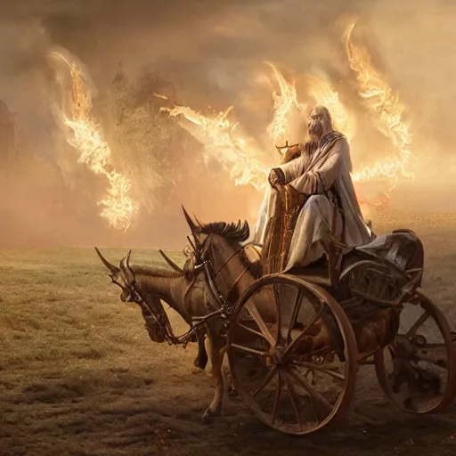 Prompt: Beautiful hyperrealistic detailed matte painting of a 60 year old man in Biblical outfit riding the carriage of an ancient chariot made of fire pulled by firey horses. nightime.
