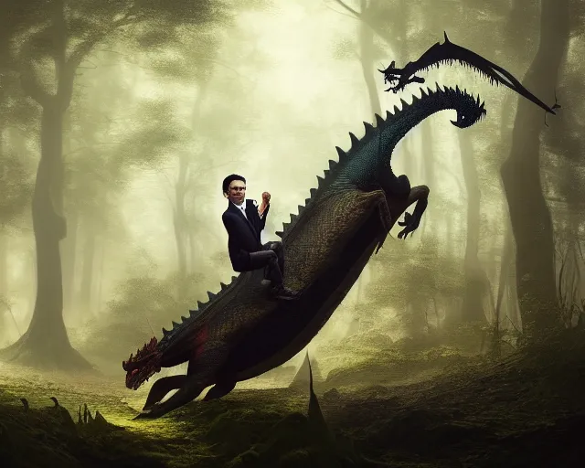 Prompt: 5 5 mm portrait photo of mr bean riding a dragon, in a magical forest. dark atmosphere. art by greg rutkowski. highly detailed 8 k. intricate. lifelike. soft light. nikon d 8 5 0.