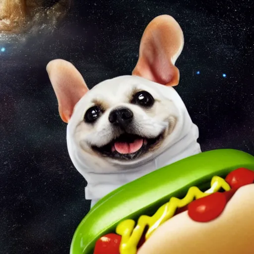 Image similar to a beautiful hotdog in space wearing a tuxedo with colorful bright green eyes, medium shot, hd, 8k, hyper-realism, detailed,