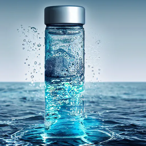 Prompt: water art manipulation in the shape of a human head in a bottle shape, on the ocean water, futuristic, glowing, hyper realistic, ray tracing, realistic water splashes, sharp focus, long shot, 8 k resolution, cinematic, photoshop art