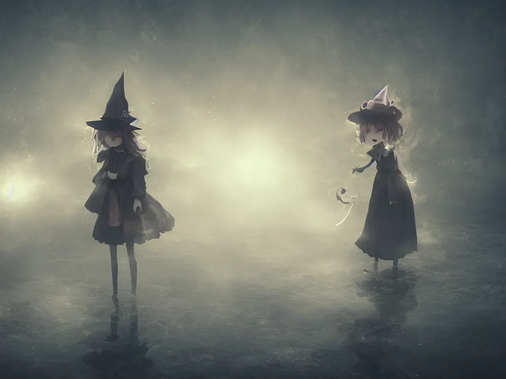 Image similar to cute fumo plush girl witch standing in reflective murky river water, gothic horror maiden in tattered cloth, volumetric fog and smoke, light shafts shining through the dusky light, moonglow, lens flare, chibi anime, vray