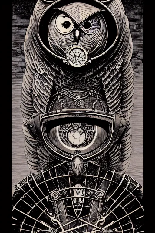 Image similar to side view of majestic steampunk anthropomorphic owl man alchemist cloaked wizard, high details, bold line art, by vincent di fate and joe fenton, inking, etching, screen print, masterpiece, trending on artstation, sharp, high contrast, hyper - detailed,, hd, 4 k, 8 k