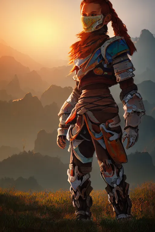 Image similar to combination suit armor aloy horizon forbidden west horizon zero dawn radiating a glowing aura global illumination ray tracing hdr fanart arstation by ian pesty and alena aenami artworks in 4 k tribal robot ninja mask helmet backpack