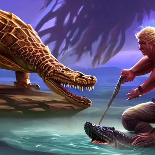 Image similar to league of legends splash art of steve irwin wrestling a crocodile. high rez. digital illusion. digital art. 4 k.