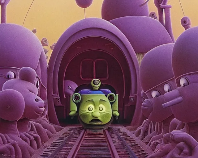 Prompt: still frame from thomas and friends by wayne barlowe, happy teletubbies train by wayne barlowe, eldrich thomas train by beksinski, grandiose demonic train with locomotive and endless wagons, 🚂🚂🚂