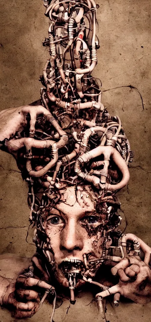 Image similar to disturbing artwork of mark zuckberg being consumed into collection of pipes and wires, body horror, dark, 4K, weird, bizarre, scary