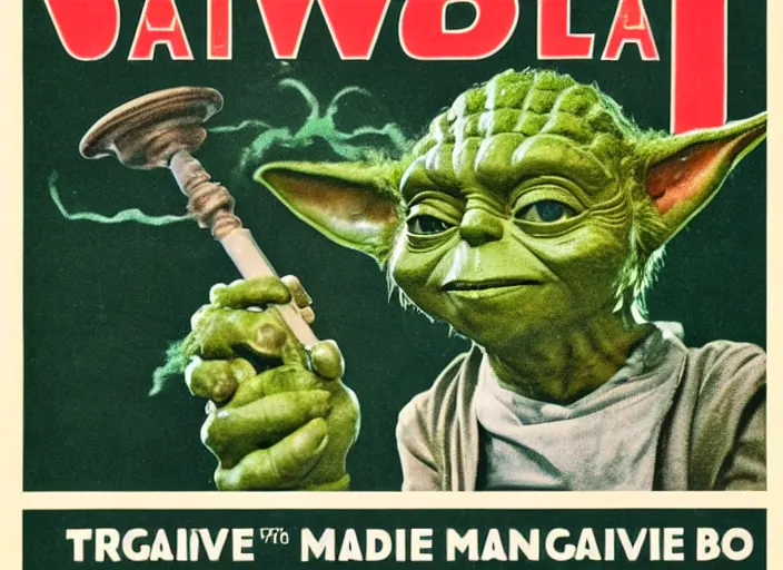 Prompt: vintage travel advertisement for jamaica, of yoda made out of green cannabis sativa, smoking a bong