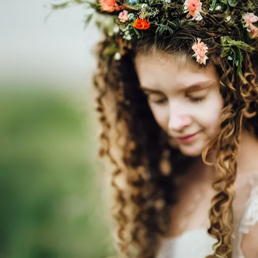 Image similar to a portrait of a young girl with curly long hair and birds on her head, there's flowers everywhere, very beautiful ambient light with sun rays hitting her hair, 8k photography, wedding photography