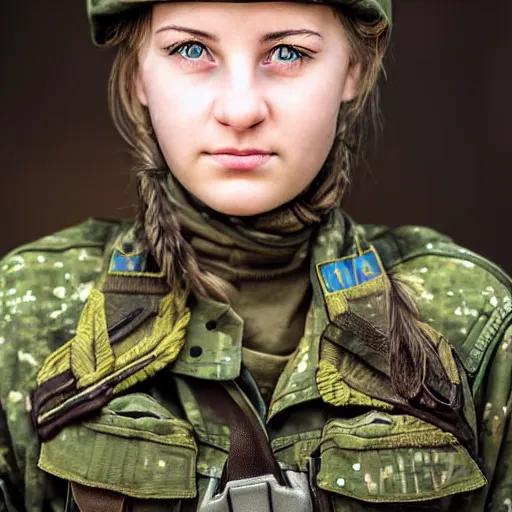 Prompt: beautiful portrait of a young ukrainian female soldier by frank miller