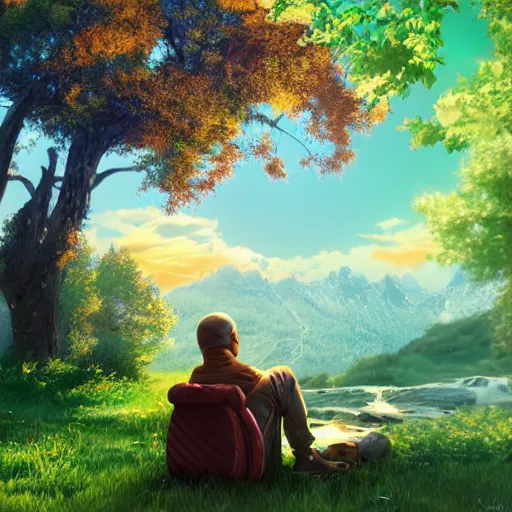 Image similar to featured on artstation photorealistic walter white sitting under a cherry tree overlooking valley waterfall sunset beautiful image stylized digital art