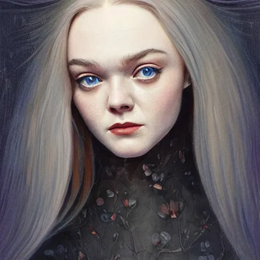 Prompt: professional painting of Elle Fanning in the style of Gerald Brom, head and shoulders portrait, symmetrical facial features, smooth, sharp focus, illustration, intricate, stormy weather, extremely detailed masterpiece,