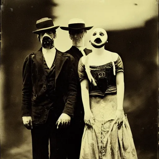 Image similar to portrait of side show clowns, photograph, style of atget, 1 9 1 0, creepy, dark