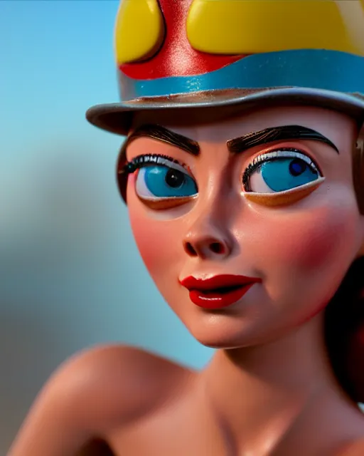 Image similar to highly detailed closeup, face profile portrait of a tin toy retro 1 9 5 0 s cara delevingne, bikini, unreal engine, max fleischer, global illumination, detailed and intricate environment