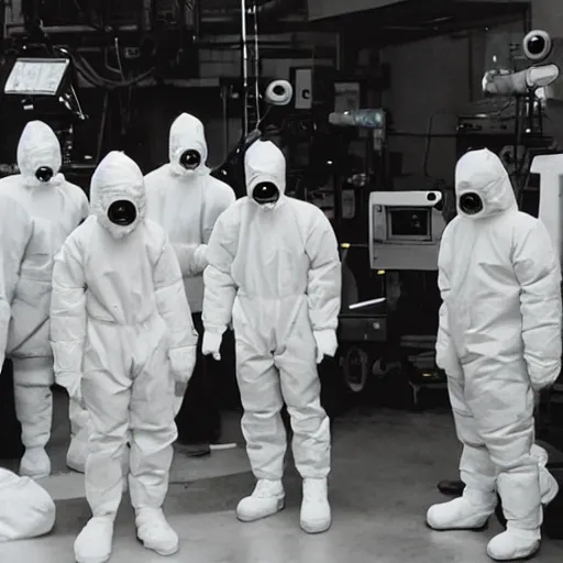 Image similar to a photo of men wearing hazmat suits, standing around a glowing machine, arriflex 3 5, film still