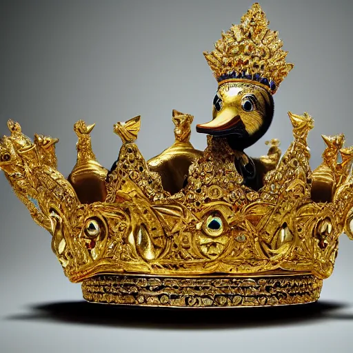 Image similar to a real duck king sitting on a gold throne decorated with many rubies and diamonds, detailed duck, duck is extremely real, duck king is wearing a gold crown and gold necklace, super realistic, 8k
