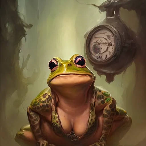 Image similar to a depressed female humanoid frog, dnd character art portrait, matte fantasy painting, deviantart artstation, by jason felix by steve argyle by tyler jacobson by peter mohrbacher by paul hedley, cinema