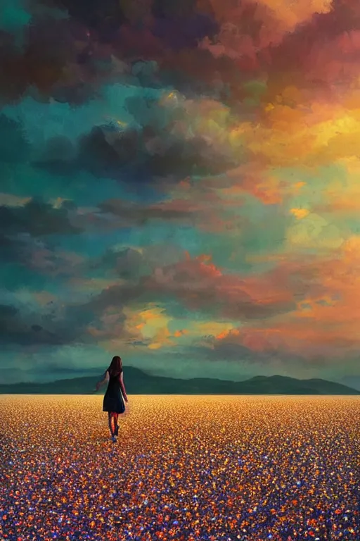 Image similar to giant daisy flower head, girl walking on salt flats mountains, surreal photography, sunrise, dramatic light, impressionist painting, colorful clouds, digital painting, artstation, simon stalenhag