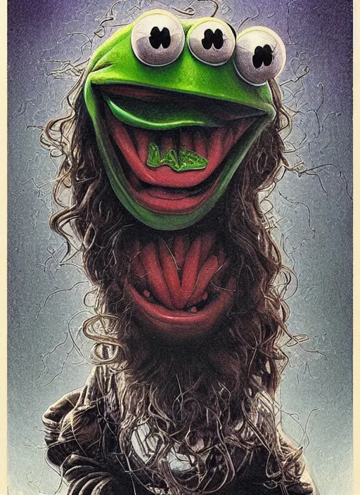 Image similar to portrait of Evil and screaming Kermit the frog in The Thing (1982) highly detailed, centered, solid color background, digital painting, artstation, concept art, smooth, sharp focus, illustration, artgerm, donato giancola, Joseph Christian Leyendecker, Les Edwards, Ed Repka, WLOP, Artgerm