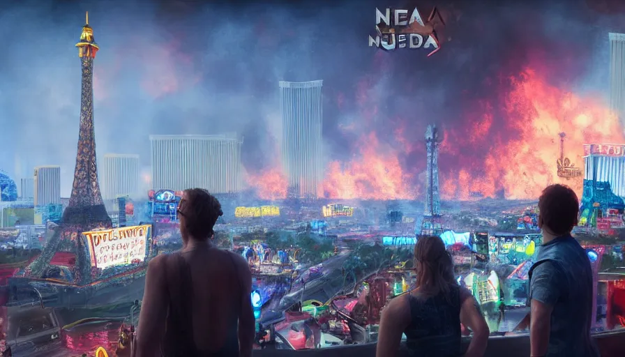 Image similar to Movie scene of people watching Las Vegas on fire far away, hyperdetailed, artstation, cgsociety, 8k