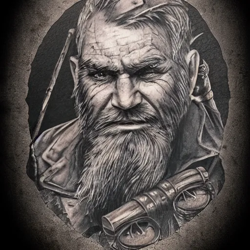 Prompt: a portrait of an old man who is a captain of a boat, weathered, in the style of steampunk, tattoo of boat on chest, holding a spear, retro, with beard and scar on face. trending on artstation, ambient lighting, 4k render, ultra hd:: behance art