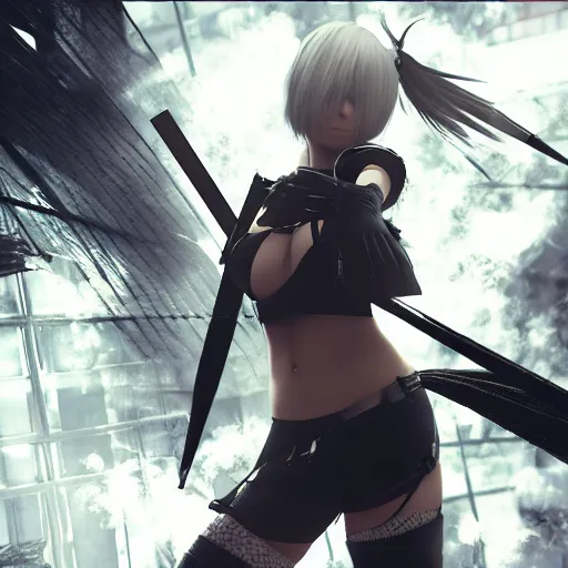 Image similar to realistic render of Nier Automata with katana, dramatic lighting, explosions in background, 4k